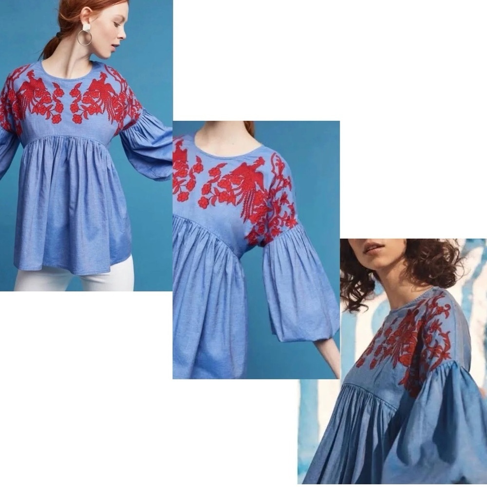 Anthropologie Hemant & Nandita Women's blue red Embroidered Lianna Top Blouse S